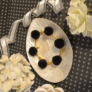 Madewell Black Fuzzy Pom Pom Gold Tone Stretch Bracelet